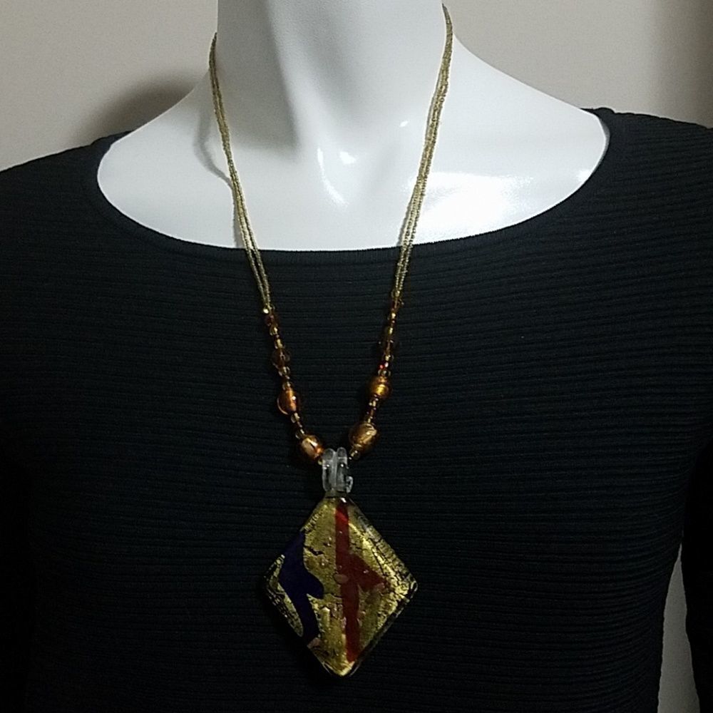 Gold Beaded Necklace with Fused Glass Pendant